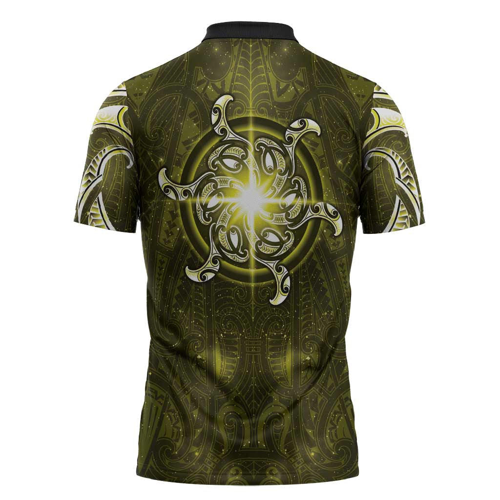 New Zealand Matariki Hiwaiterangi Zipper Polo Shirt Maori Moko Yellow Galaxy