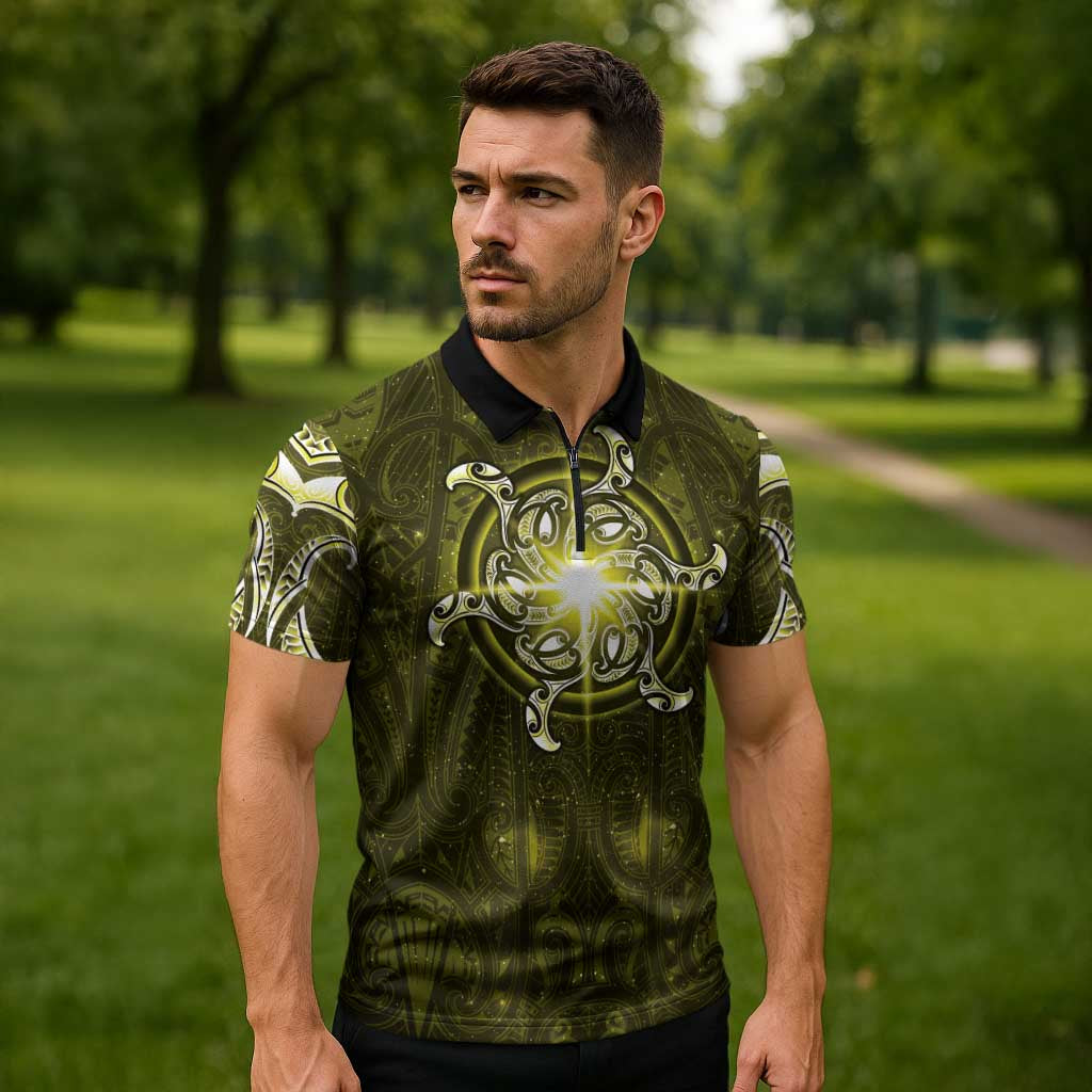New Zealand Matariki Hiwaiterangi Zipper Polo Shirt Maori Moko Yellow Galaxy