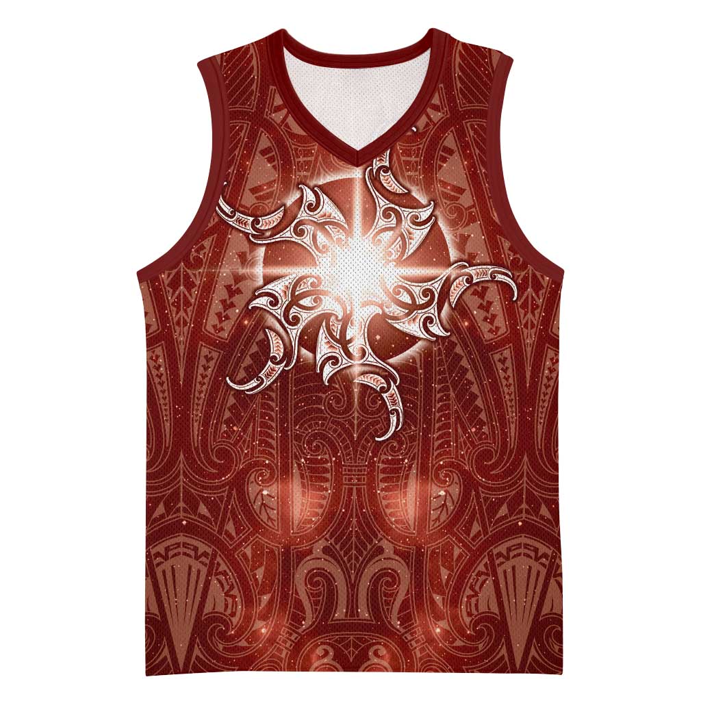 New Zealand Matariki Pohutukawa Basketball Jersey Maori Moko Red Galaxy LT05 Unisex Red - Polynesian Pride