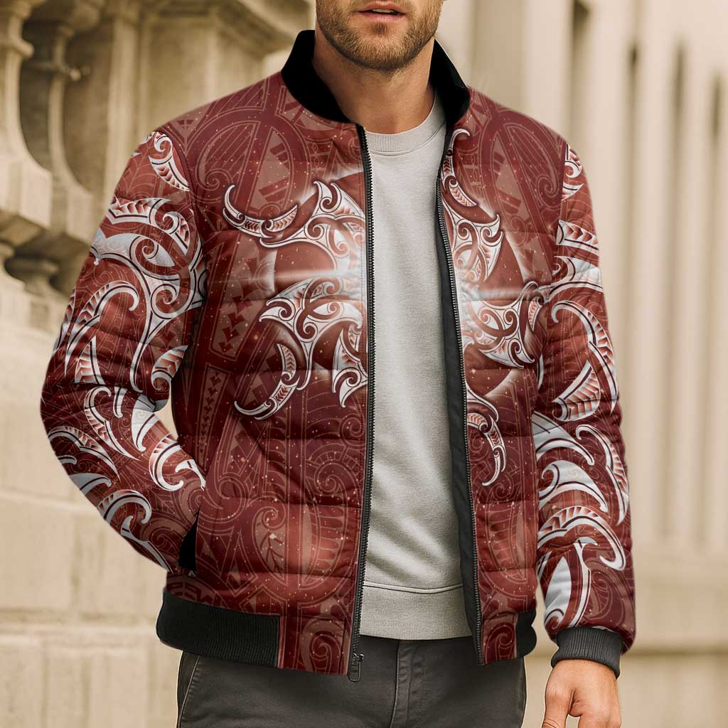 New Zealand Matariki Pohutukawa Bomber Puffer Jacket Maori Moko Red Galaxy LT05 - Polynesian Pride