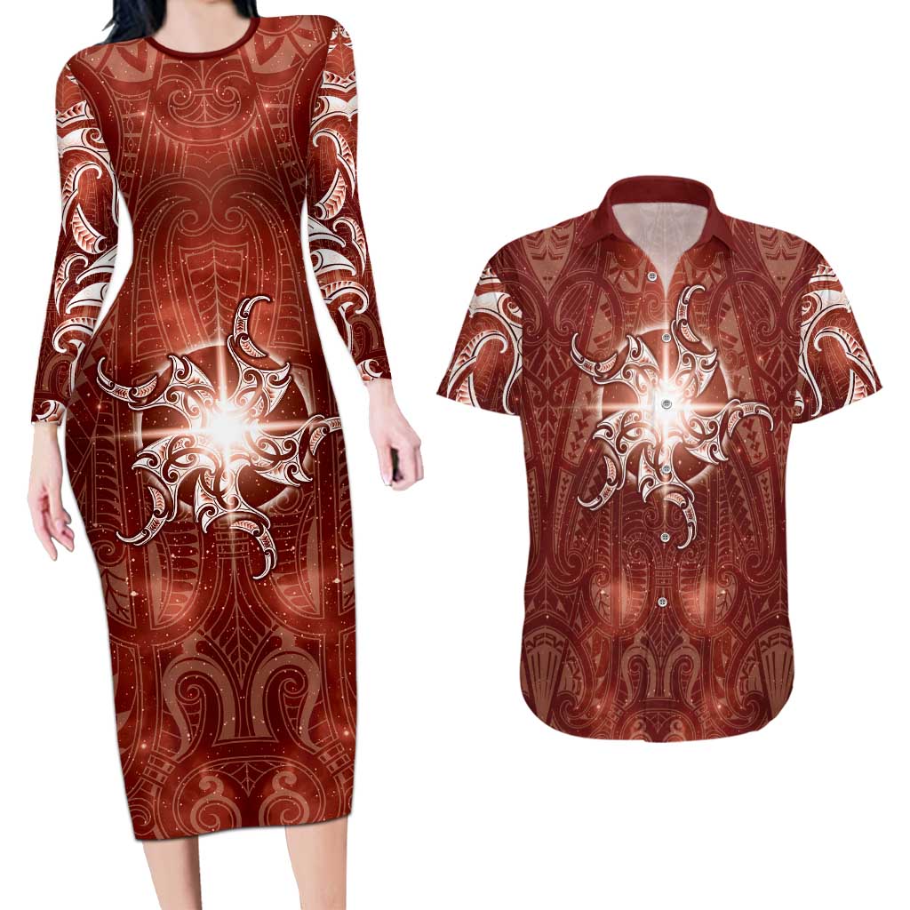 New Zealand Matariki Pohutukawa Couples Matching Long Sleeve Bodycon Dress and Hawaiian Shirt Maori Moko Red Galaxy LT05 Red - Polynesian Pride
