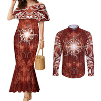 New Zealand Matariki Pohutukawa Couples Matching Mermaid Dress and Long Sleeve Button Shirt Maori Moko Red Galaxy