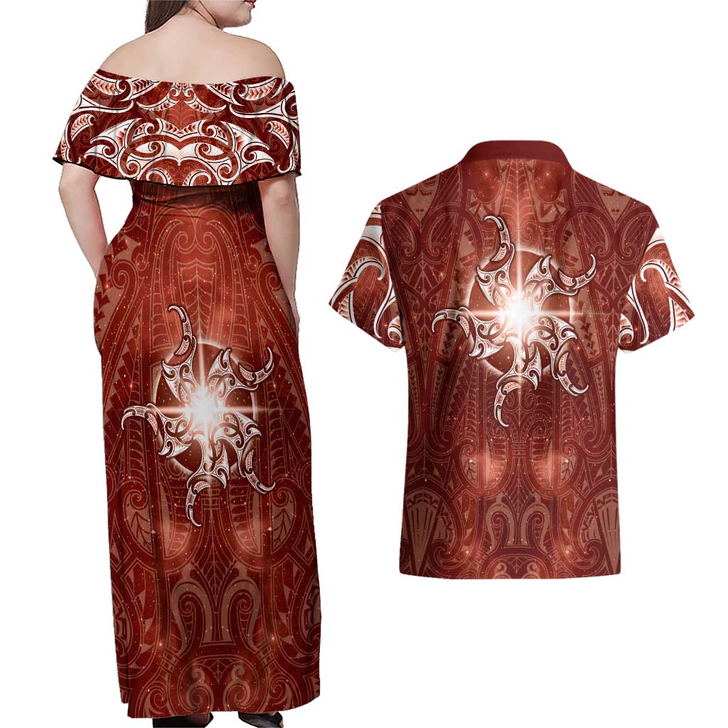 New Zealand Matariki Pohutukawa Couples Matching Off Shoulder Maxi Dress and Hawaiian Shirt Maori Moko Red Galaxy