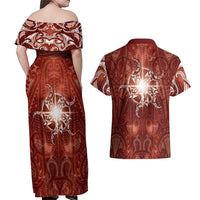 New Zealand Matariki Pohutukawa Couples Matching Off Shoulder Maxi Dress and Hawaiian Shirt Maori Moko Red Galaxy