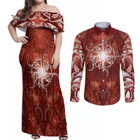New Zealand Matariki Pohutukawa Couples Matching Off Shoulder Maxi Dress and Long Sleeve Button Shirt Maori Moko Red Galaxy