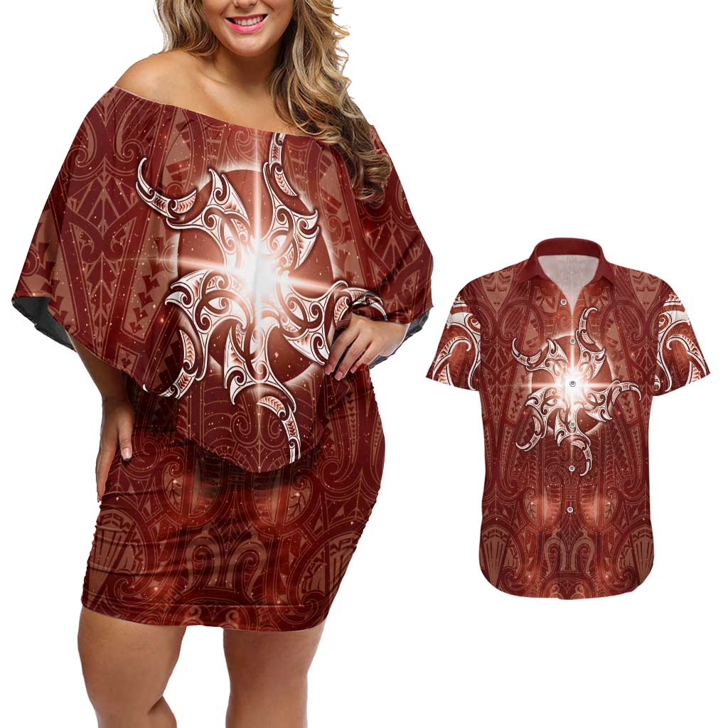 New Zealand Matariki Pohutukawa Couples Matching Off Shoulder Short Dress and Hawaiian Shirt Maori Moko Red Galaxy