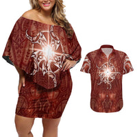New Zealand Matariki Pohutukawa Couples Matching Off Shoulder Short Dress and Hawaiian Shirt Maori Moko Red Galaxy