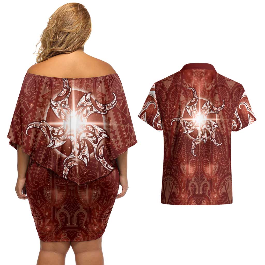 New Zealand Matariki Pohutukawa Couples Matching Off Shoulder Short Dress and Hawaiian Shirt Maori Moko Red Galaxy