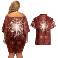 New Zealand Matariki Pohutukawa Couples Matching Off Shoulder Short Dress and Hawaiian Shirt Maori Moko Red Galaxy