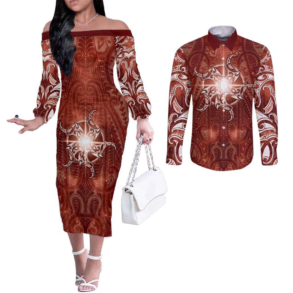 New Zealand Matariki Pohutukawa Couples Matching Off The Shoulder Long Sleeve Dress and Long Sleeve Button Shirt Maori Moko Red Galaxy LT05 Red - Polynesian Pride