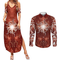 New Zealand Matariki Pohutukawa Couples Matching Summer Maxi Dress and Long Sleeve Button Shirt Maori Moko Red Galaxy