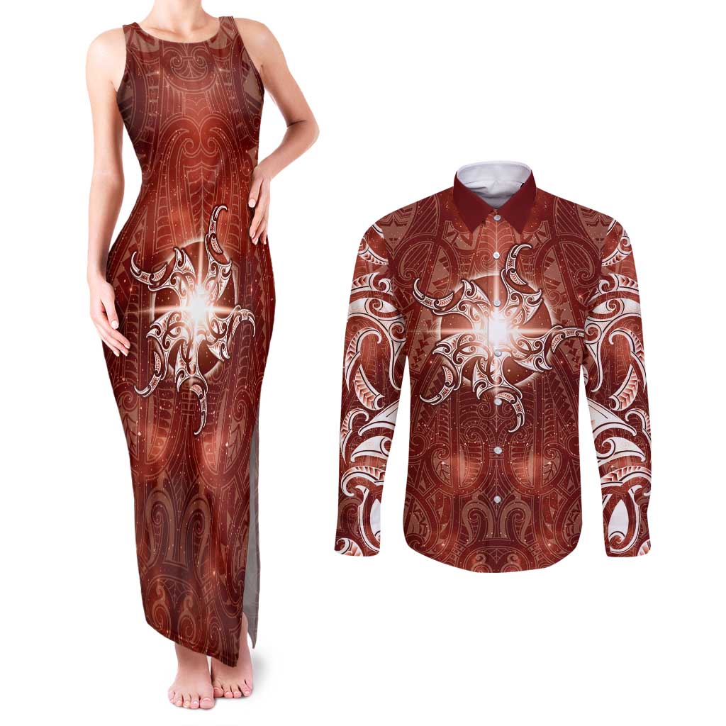 New Zealand Matariki Pohutukawa Couples Matching Tank Maxi Dress and Long Sleeve Button Shirt Maori Moko Red Galaxy LT05 Red - Polynesian Pride