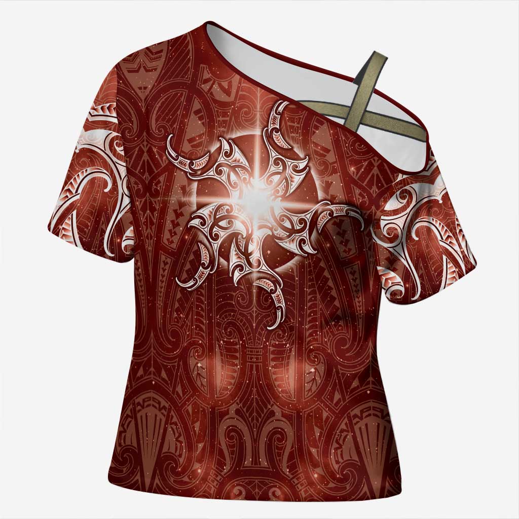 New Zealand Matariki Pohutukawa Cross Shoulder Shirt Maori Moko Red Galaxy LT05 Female Red - Polynesian Pride