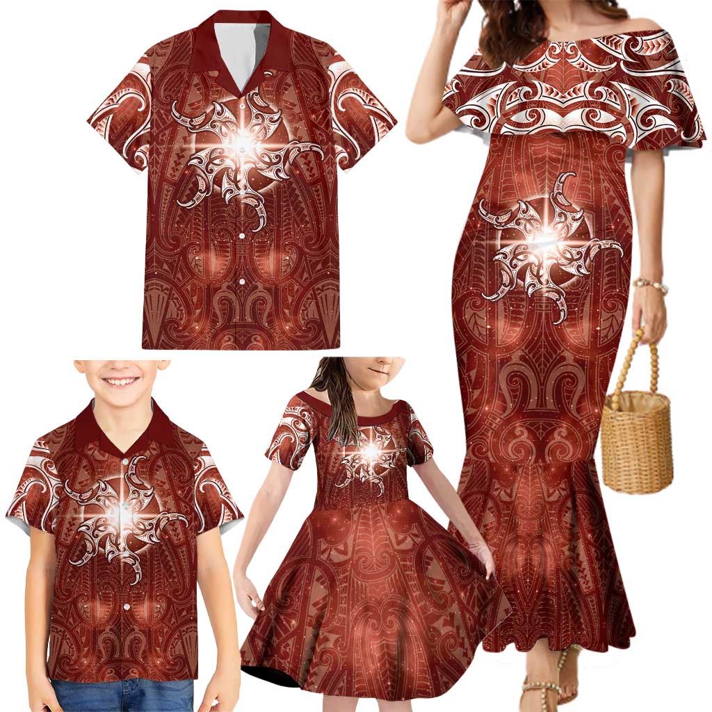 New Zealand Matariki Pohutukawa Family Matching Mermaid Dress and Hawaiian Shirt Maori Moko Red Galaxy LT05 - Polynesian Pride