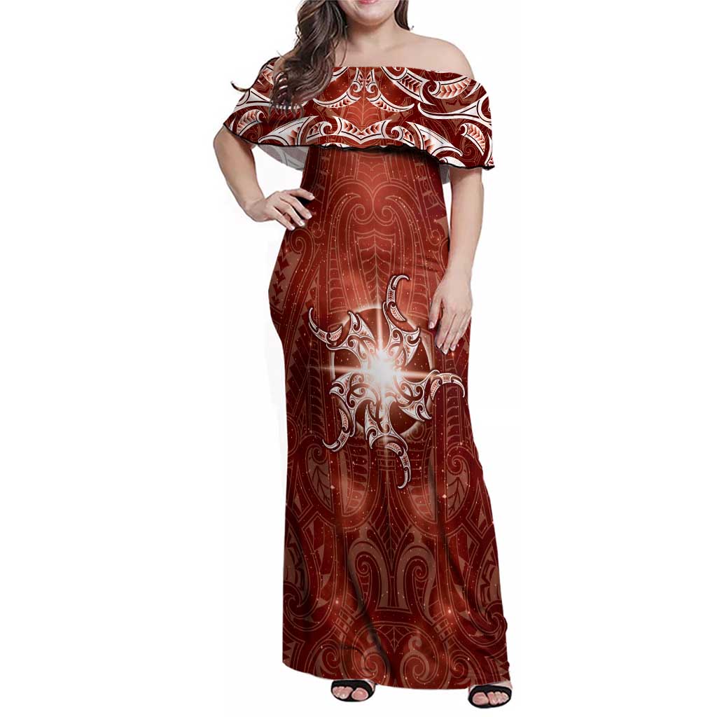 New Zealand Matariki Pohutukawa Family Matching Off Shoulder Maxi Dress and Hawaiian Shirt Maori Moko Red Galaxy