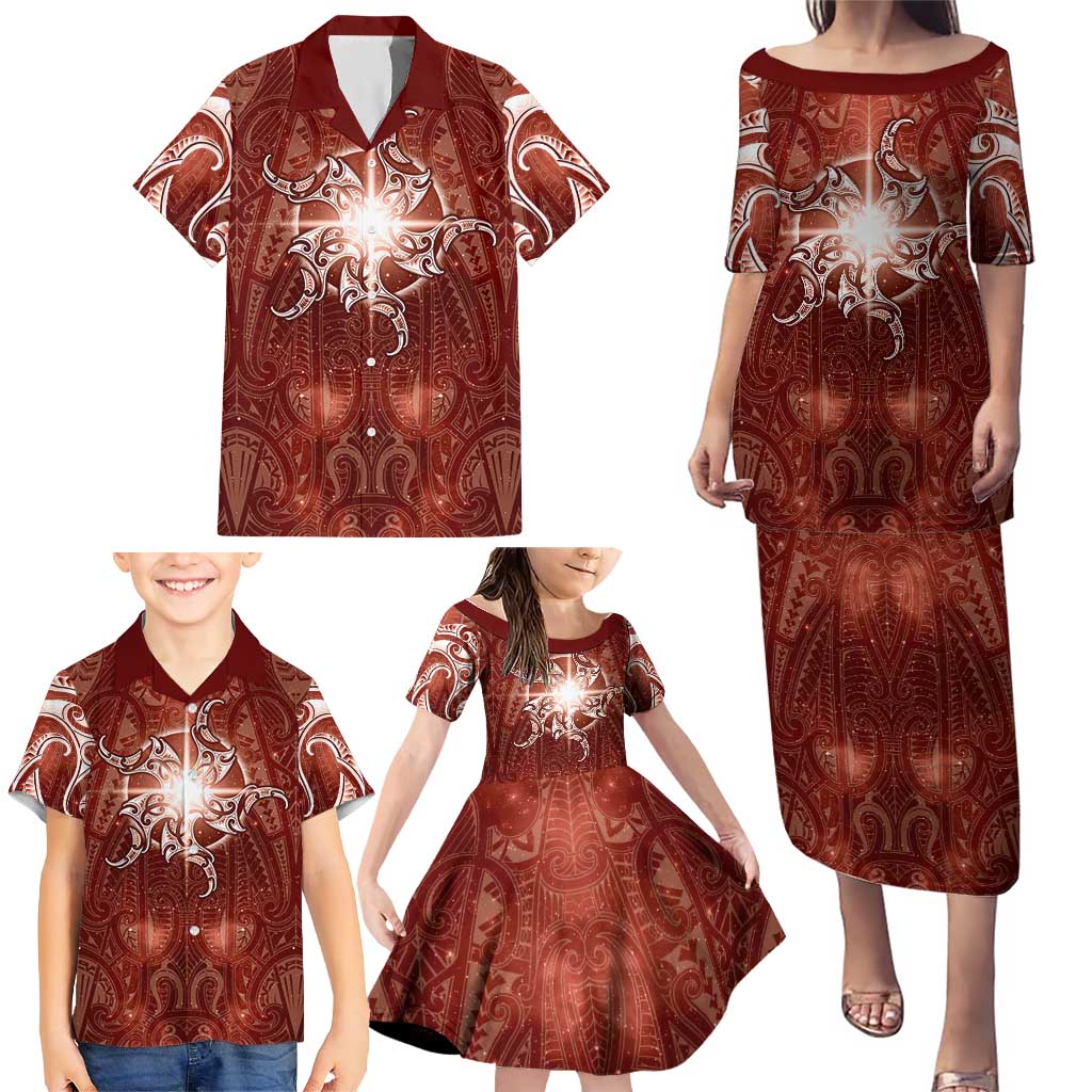 New Zealand Matariki Pohutukawa Family Matching Puletasi and Hawaiian Shirt Maori Moko Red Galaxy