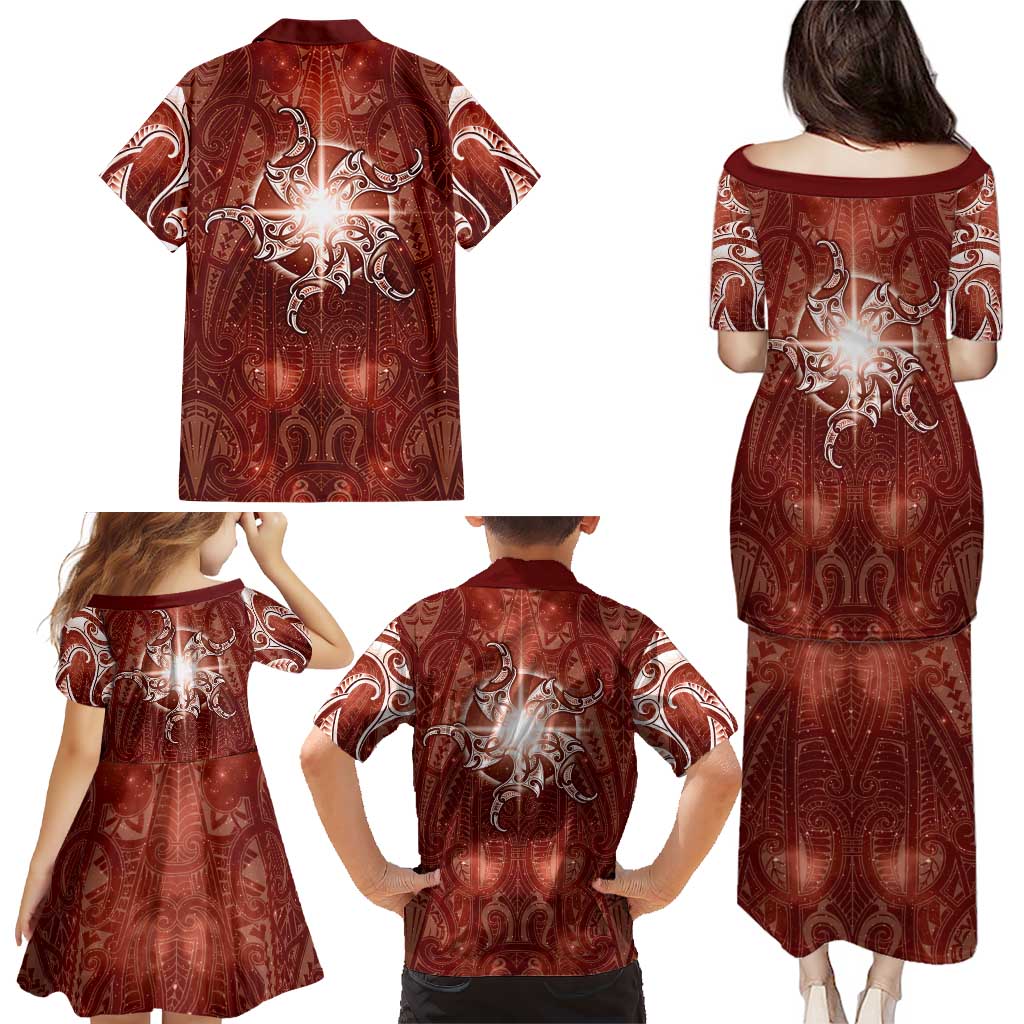 New Zealand Matariki Pohutukawa Family Matching Puletasi and Hawaiian Shirt Maori Moko Red Galaxy