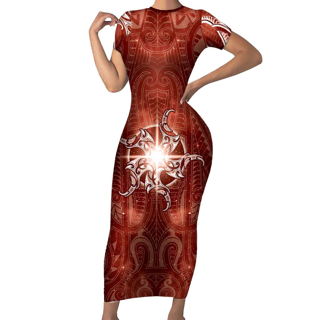 New Zealand Matariki Pohutukawa Family Matching Short Sleeve Bodycon Dress and Hawaiian Shirt Maori Moko Red Galaxy