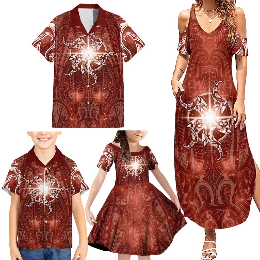 New Zealand Matariki Pohutukawa Family Matching Summer Maxi Dress and Hawaiian Shirt Maori Moko Red Galaxy
