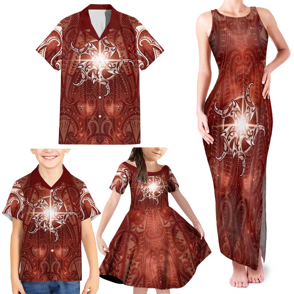 New Zealand Matariki Pohutukawa Family Matching Tank Maxi Dress and Hawaiian Shirt Maori Moko Red Galaxy LT05 - Polynesian Pride