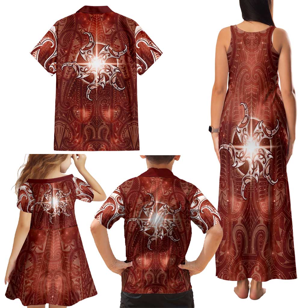 New Zealand Matariki Pohutukawa Family Matching Tank Maxi Dress and Hawaiian Shirt Maori Moko Red Galaxy