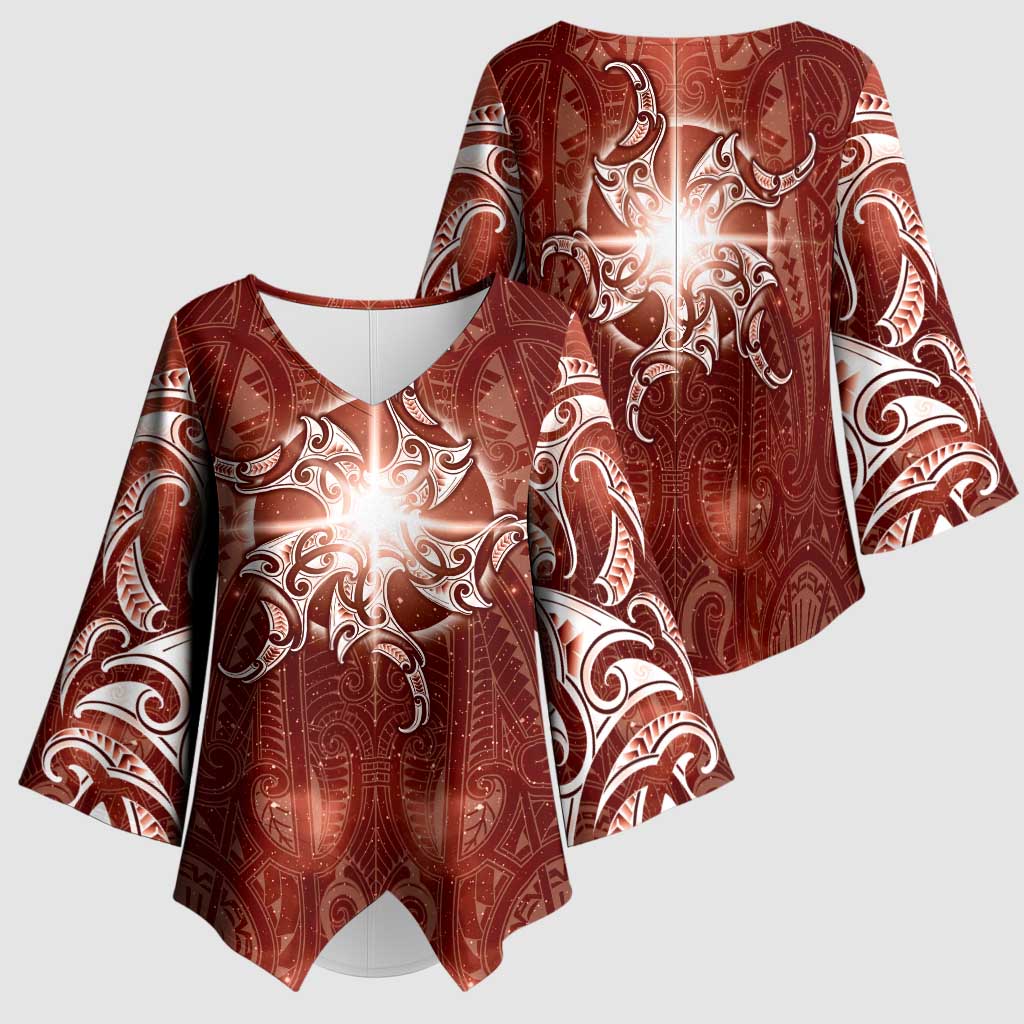 New Zealand Matariki Pohutukawa Kimono Sleeve Blouse Maori Moko Red Galaxy LT05 - Polynesian Pride