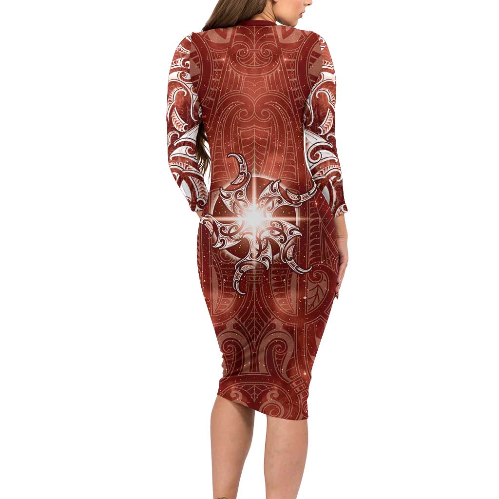 New Zealand Matariki Pohutukawa Long Sleeve Bodycon Dress Maori Moko Red Galaxy