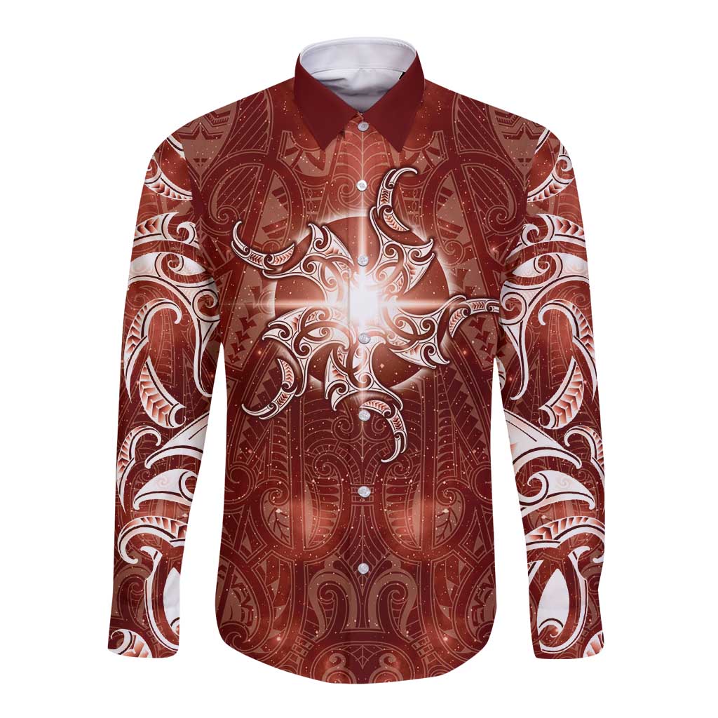 New Zealand Matariki Pohutukawa Long Sleeve Button Shirt Maori Moko Red Galaxy LT05 Unisex Red - Polynesian Pride