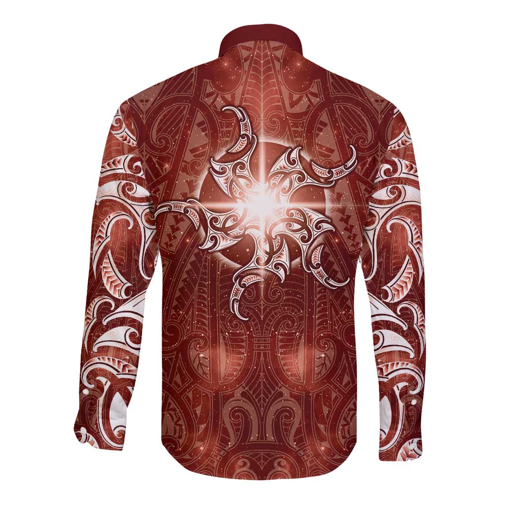 New Zealand Matariki Pohutukawa Long Sleeve Button Shirt Maori Moko Red Galaxy LT05 - Polynesian Pride