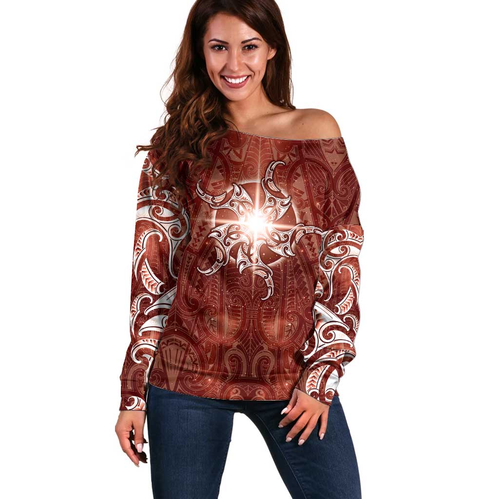 New Zealand Matariki Pohutukawa Off Shoulder Sweater Maori Moko Red Galaxy LT05 Women Red - Polynesian Pride