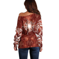 New Zealand Matariki Pohutukawa Off Shoulder Sweater Maori Moko Red Galaxy LT05 - Polynesian Pride