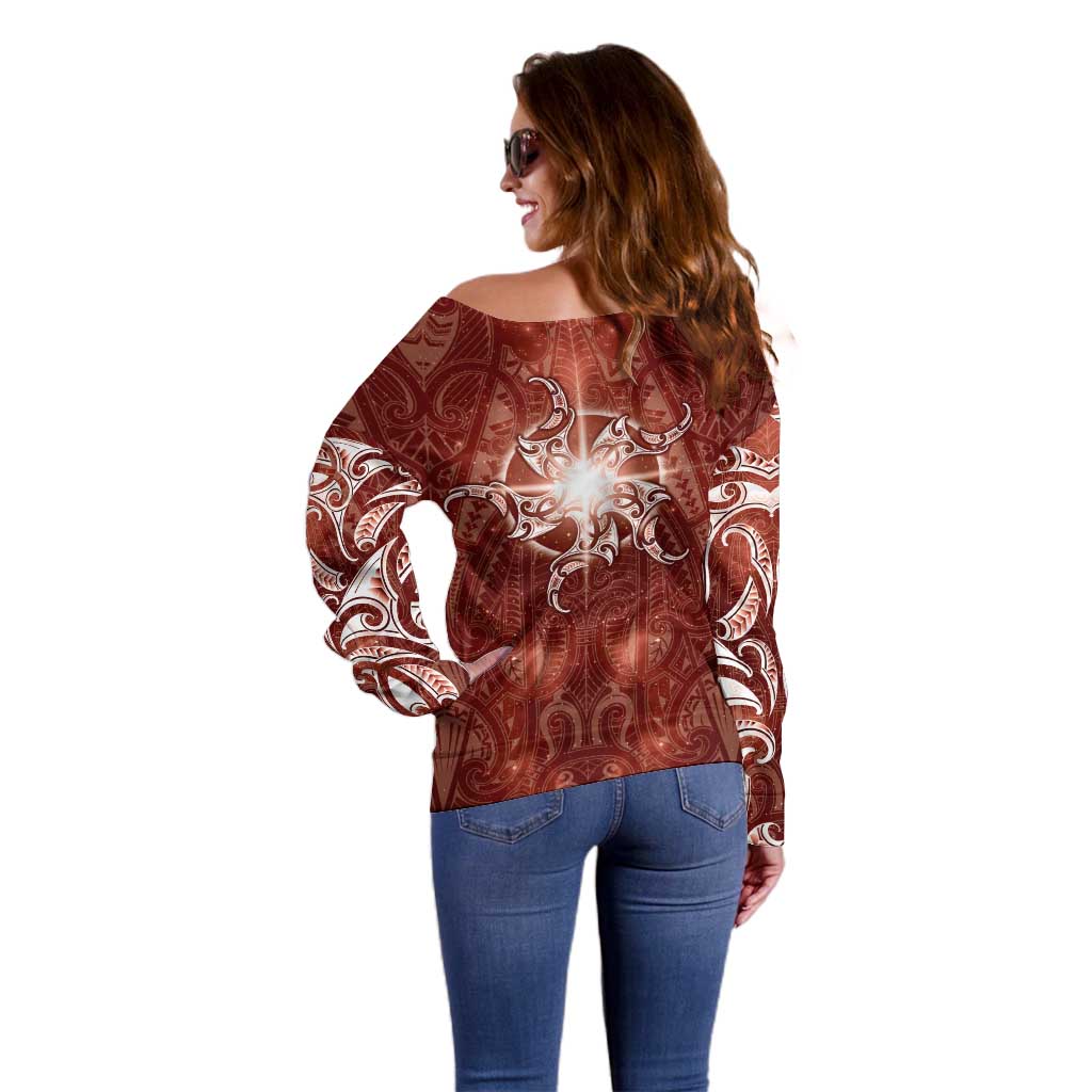 New Zealand Matariki Pohutukawa Off Shoulder Sweater Maori Moko Red Galaxy LT05 - Polynesian Pride