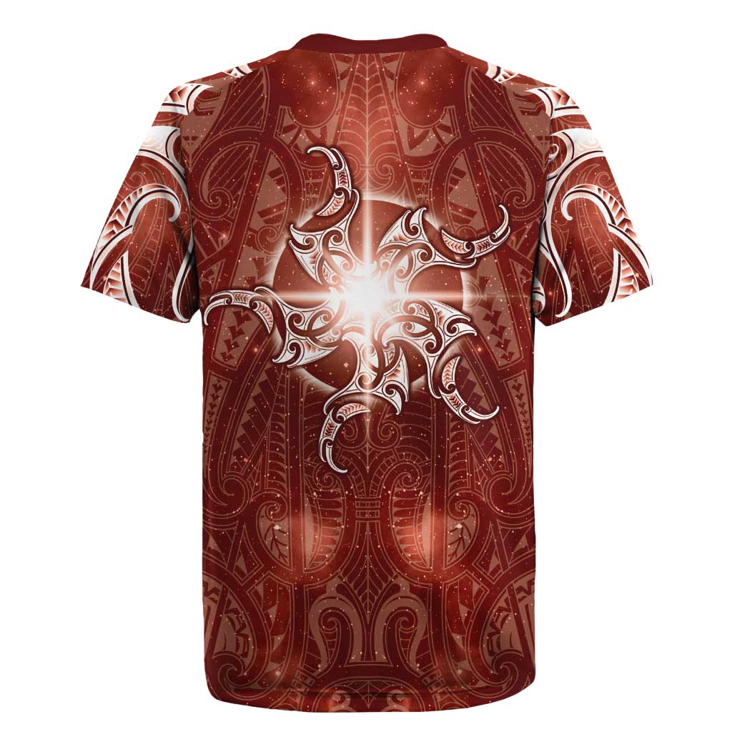 New Zealand Matariki Pohutukawa Rugby Jersey Maori Moko Red Galaxy LT05 - Polynesian Pride