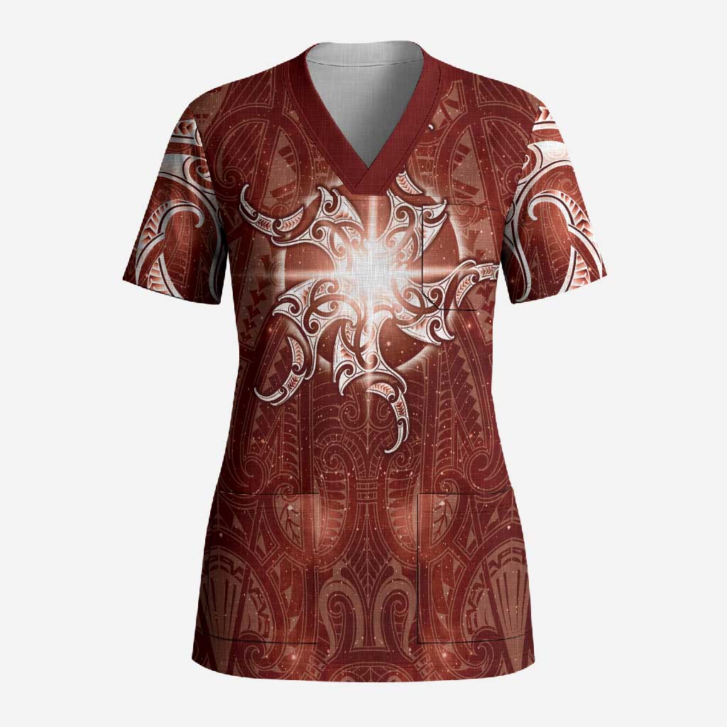 New Zealand Matariki Pohutukawa Scrub Top Maori Moko Red Galaxy LT05 Adult Red - Polynesian Pride