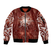 New Zealand Matariki Pohutukawa Sleeve Zip Bomber Jacket Maori Moko Red Galaxy LT05 Unisex Red - Polynesian Pride