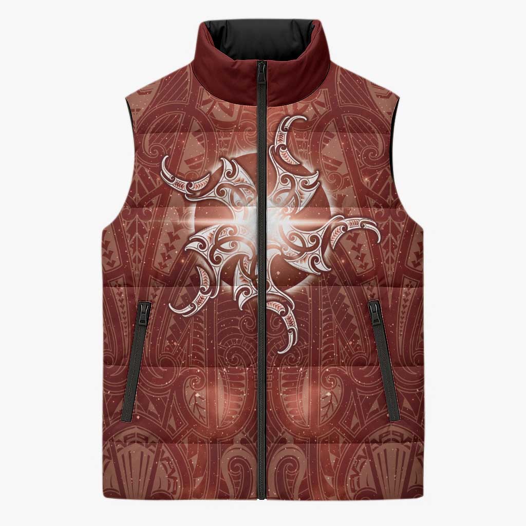 New Zealand Matariki Pohutukawa Sleeveless Puffer Jacket Maori Moko Red Galaxy LT05 Unisex Red - Polynesian Pride