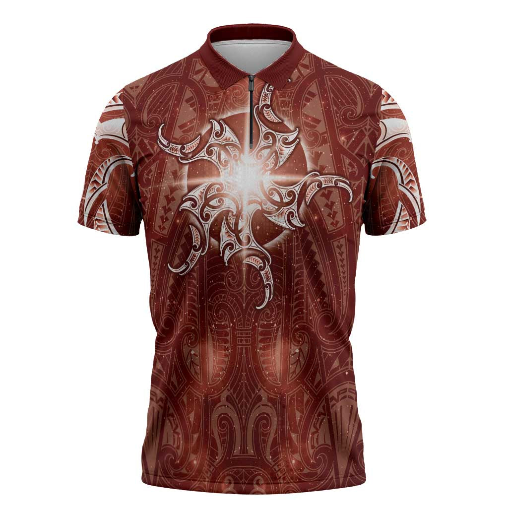 New Zealand Matariki Pohutukawa Zipper Polo Shirt Maori Moko Red Galaxy LT05 Red - Polynesian Pride