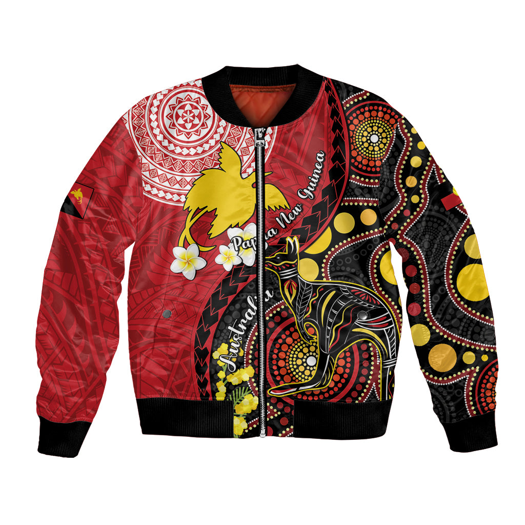 Papua New Guinea And Australia Aboriginal Bomber Jacket Bird Of Paradise And Kangaroo Together LT05 Unisex Red - Polynesian Pride