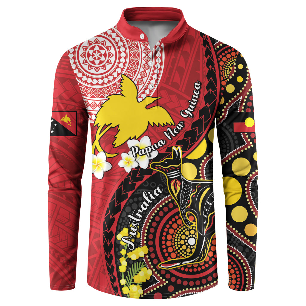 Papua New Guinea And Australia Aboriginal Button Sweatshirt Bird Of Paradise And Kangaroo Together LT05 Red - Polynesian Pride