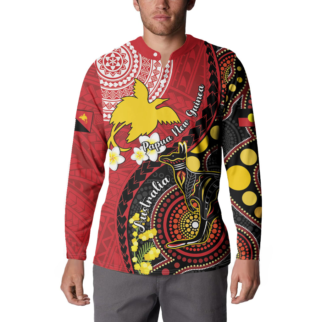 Papua New Guinea And Australia Aboriginal Button Sweatshirt Bird Of Paradise And Kangaroo Together LT05 - Polynesian Pride