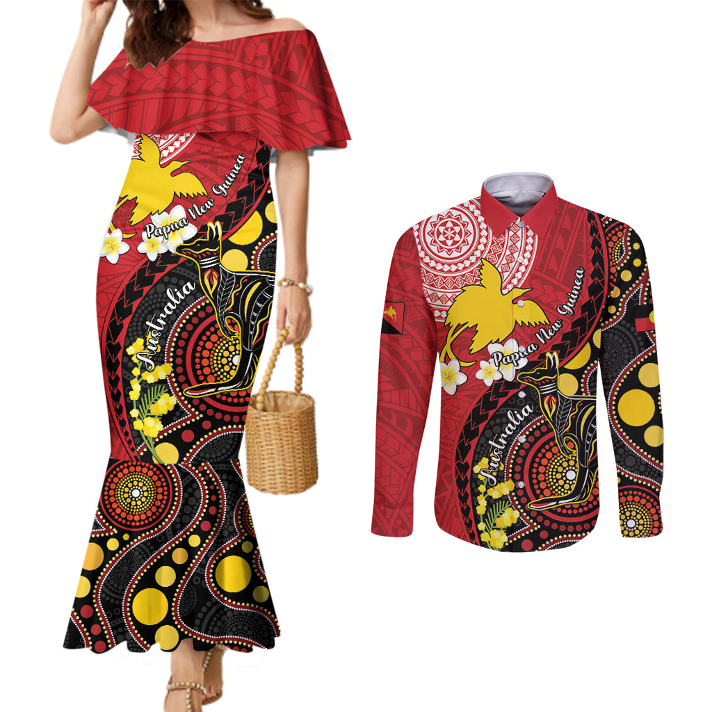 Papua New Guinea And Australia Aboriginal Couples Matching Mermaid Dress and Long Sleeve Button Shirt Bird Of Paradise And Kangaroo Together LT05 Red - Polynesian Pride
