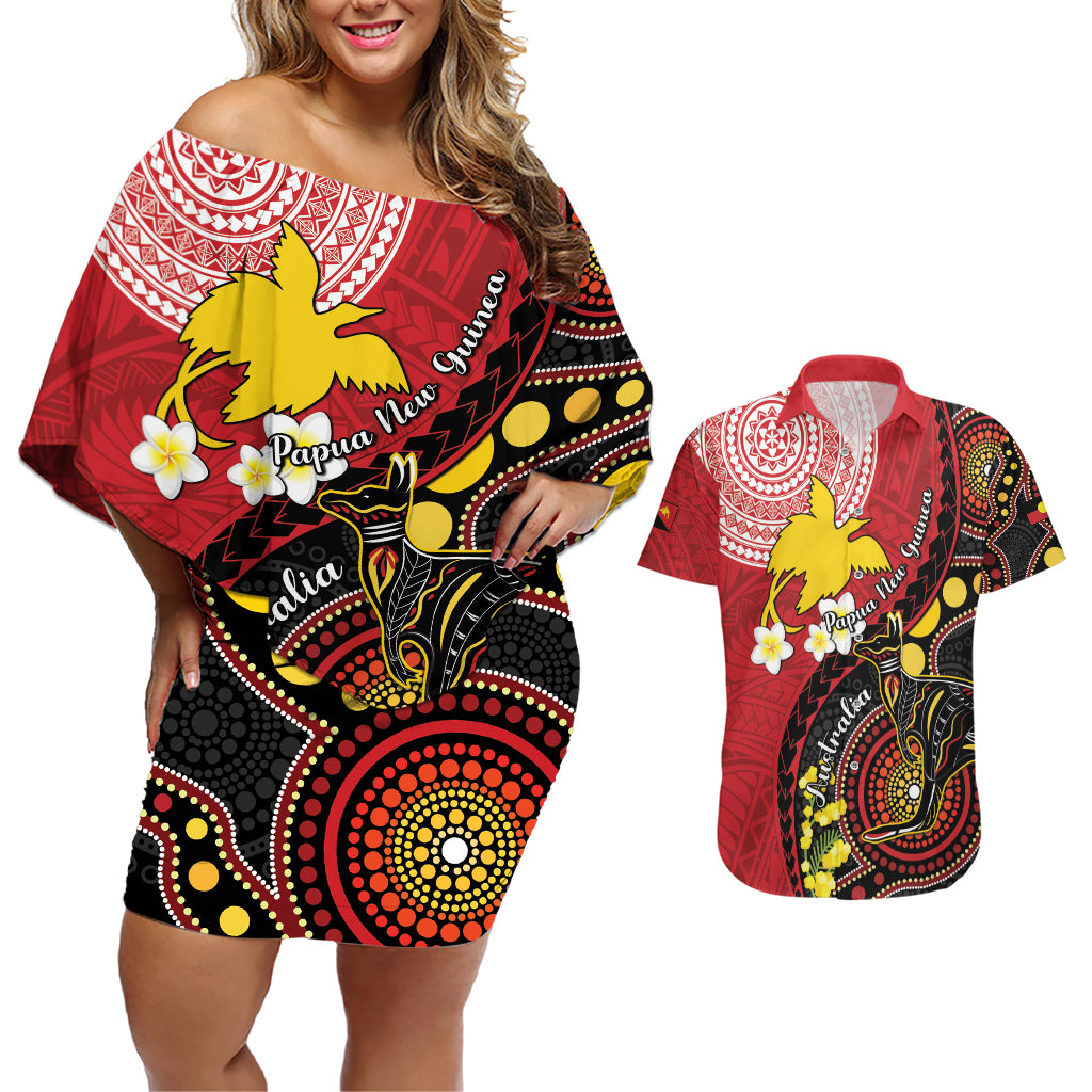 Papua New Guinea And Australia Aboriginal Couples Matching Off Shoulder Short Dress and Hawaiian Shirt Bird Of Paradise And Kangaroo Together LT05 Red - Polynesian Pride
