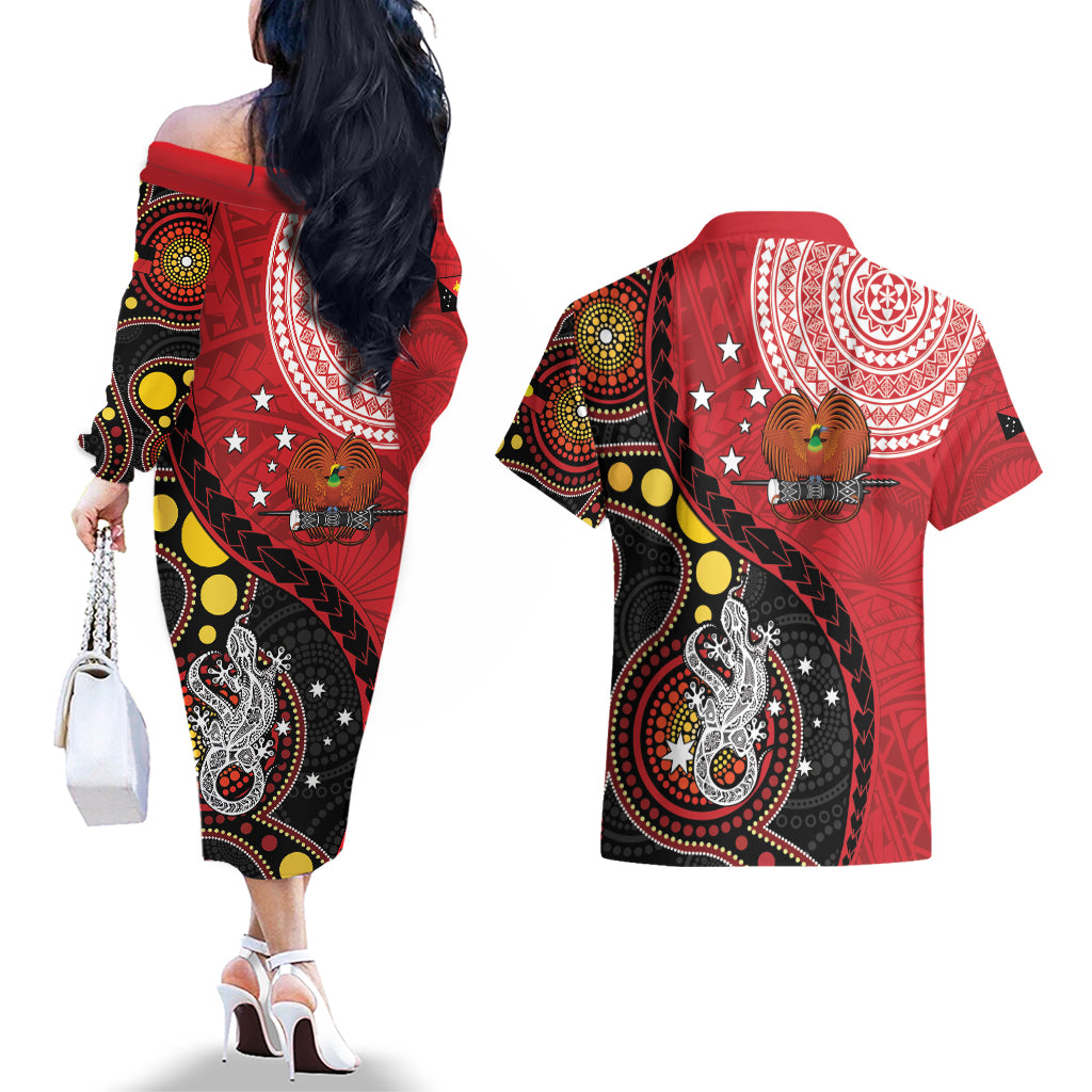 Papua New Guinea And Australia Aboriginal Couples Matching Off The Shoulder Long Sleeve Dress and Hawaiian Shirt Bird Of Paradise And Kangaroo Together