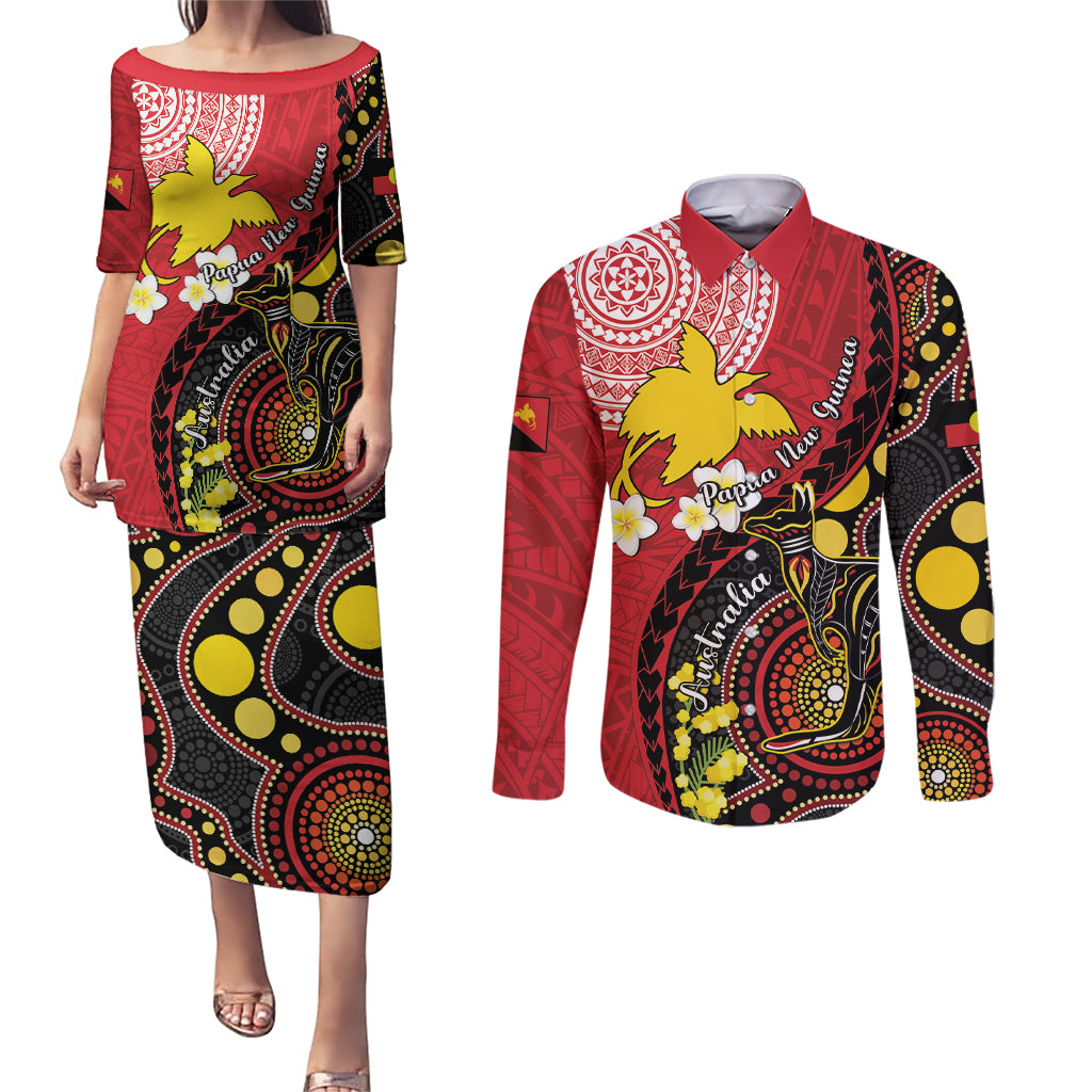 Papua New Guinea And Australia Aboriginal Couples Matching Puletasi and Long Sleeve Button Shirt Bird Of Paradise And Kangaroo Together