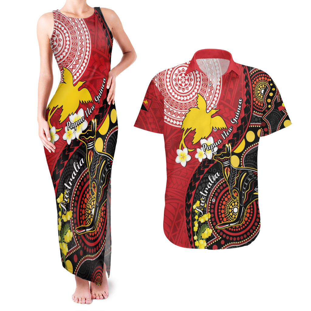 Papua New Guinea And Australia Aboriginal Couples Matching Tank Maxi Dress and Hawaiian Shirt Bird Of Paradise And Kangaroo Together LT05 Red - Polynesian Pride