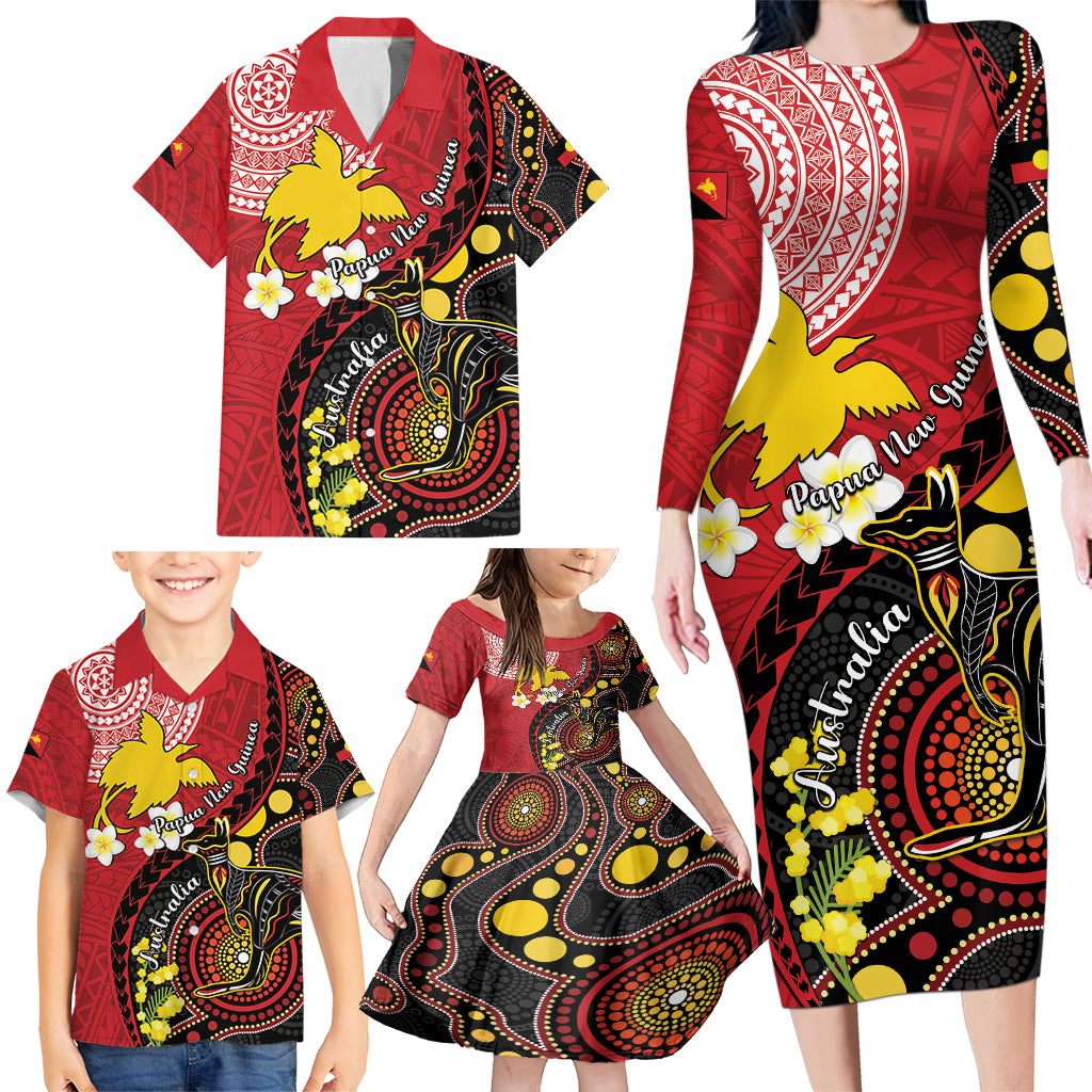 Papua New Guinea And Australia Aboriginal Family Matching Long Sleeve Bodycon Dress and Hawaiian Shirt Bird Of Paradise And Kangaroo Together LT05 - Polynesian Pride