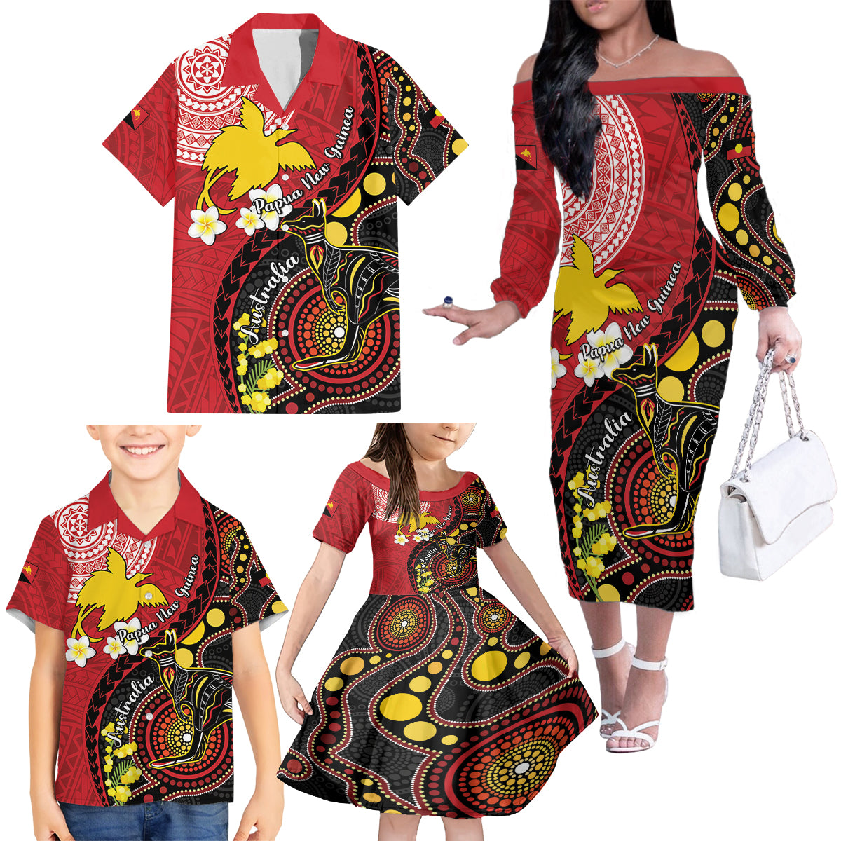 Papua New Guinea And Australia Aboriginal Family Matching Off The Shoulder Long Sleeve Dress and Hawaiian Shirt Bird Of Paradise And Kangaroo Together