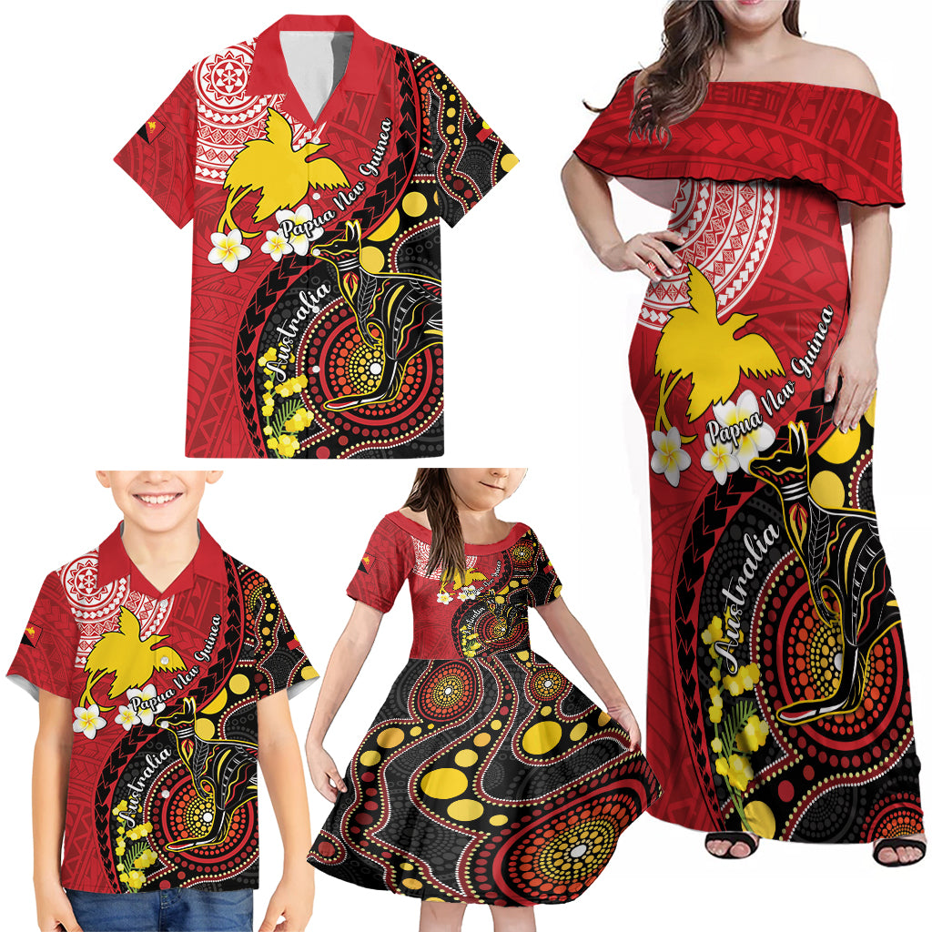 Papua New Guinea And Australia Aboriginal Family Matching Off Shoulder Maxi Dress and Hawaiian Shirt Bird Of Paradise And Kangaroo Together