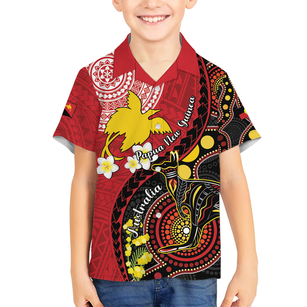 Papua New Guinea And Australia Aboriginal Family Matching Off Shoulder Maxi Dress and Hawaiian Shirt Bird Of Paradise And Kangaroo Together