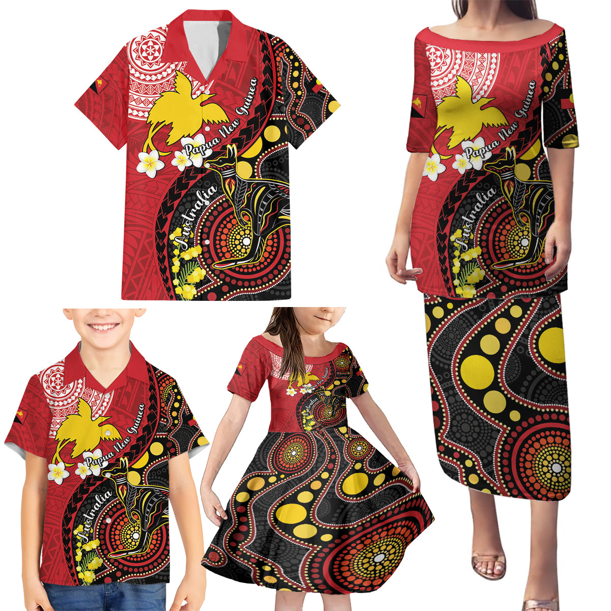 Papua New Guinea And Australia Aboriginal Family Matching Puletasi and Hawaiian Shirt Bird Of Paradise And Kangaroo Together